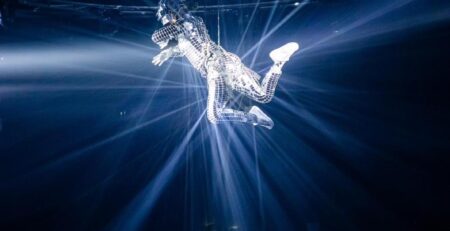Mirror costume aerial performer in Toronto suspended above guests (human disco ball) at a luxury corporate event – Starmuse Entertainment