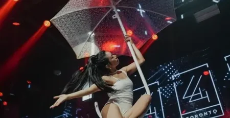 Aerial performer holding a transparent umbrella mid-air during a corporate event stage performance in Toronto