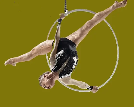 Aerial hoop performer executing an elegant inverted pose, showcasing strength and flexibility for luxury event entertainment