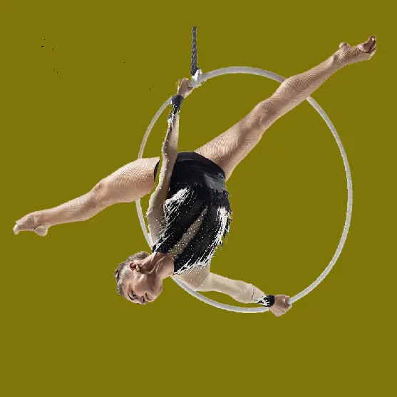Aerial hoop performer executing an elegant inverted pose, showcasing strength and flexibility for luxury event entertainment