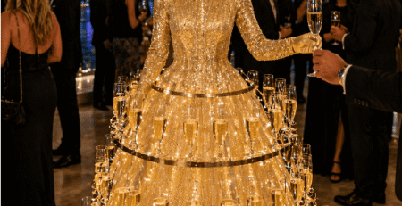 Woman in a gold champagne dress serving drinks at a luxury Toronto event with skyline view in the background