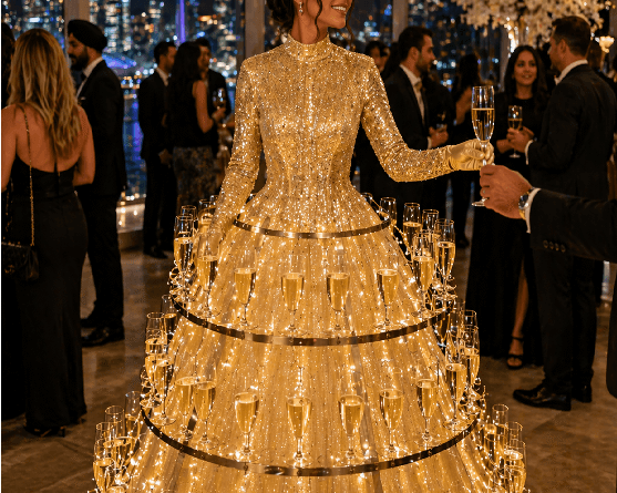 Woman in a gold champagne dress serving drinks at a luxury Toronto event with skyline view in the background