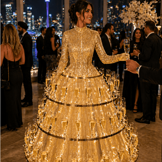 Woman in a gold champagne dress serving drinks at a luxury Toronto event with skyline view in the background