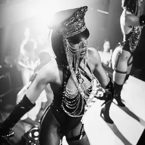 Gogo dancer performing in an immersive nightclub-style event with dramatic costume styling and energetic stage atmosphere in Toronto.